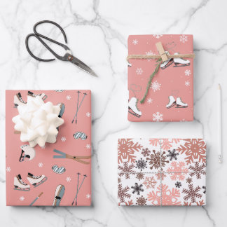 Feuille De Papier Cadeau Sport d'hiver rose et blanc