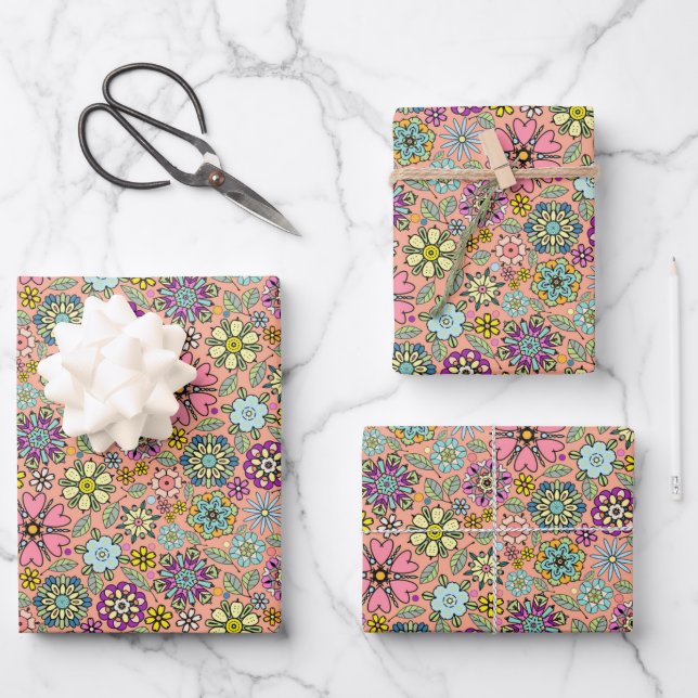Feuille De Papier Cadeau Spring Season Retro Flower Colors Seamless Pattern (Recto)