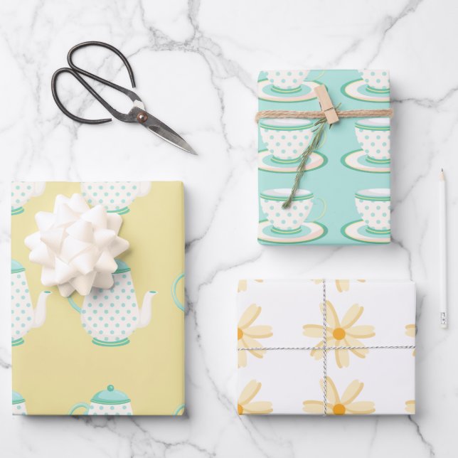 Feuille De Papier Cadeau Spring Tea Party Turquoise et Jaune (Recto)