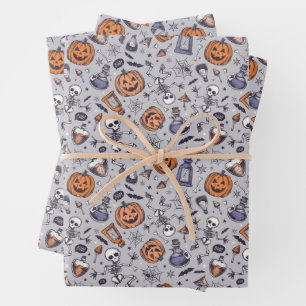 Feuille De Papier Cadeau Squelette d'Halloween vintage et Motif de potions