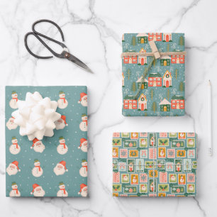 Feuille De Papier Cadeau St. Nick, Snowmen, maisons d'hiver et timbres d'ét