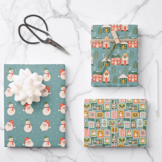 Feuille De Papier Cadeau St. Nick, Snowmen, maisons d'hiver et timbres d'ét (Recto)