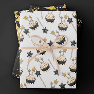 Feuille De Papier Cadeau Star Celebration   Black and Gold Cupcake Party