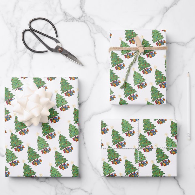 Feuille De Papier Cadeau Star-topped Christmas Trees and Gifts Pattern (Recto)