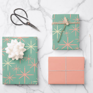 Feuille De Papier Cadeau Starburts de les années 50 rétro en Mint et Blush