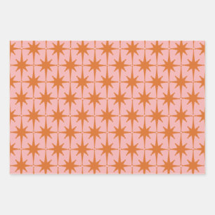 Feuille De Papier Cadeau Starburts du Moyen-siècle rétro Motif rose et oran