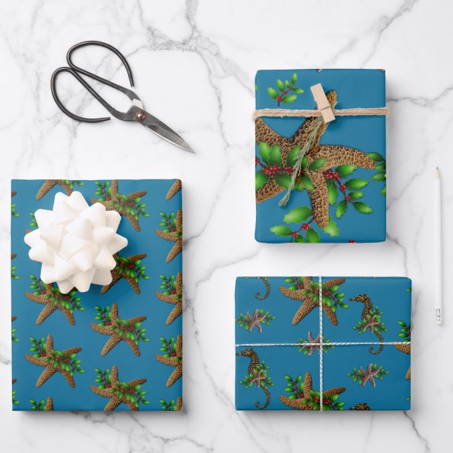 Feuille De Papier Cadeau Starfish à Holly Sea Blue Beach Noël (Recto)