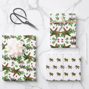 Feuille De Papier Cadeau Starfish in Holly Tropical Christmas Motif Blanc