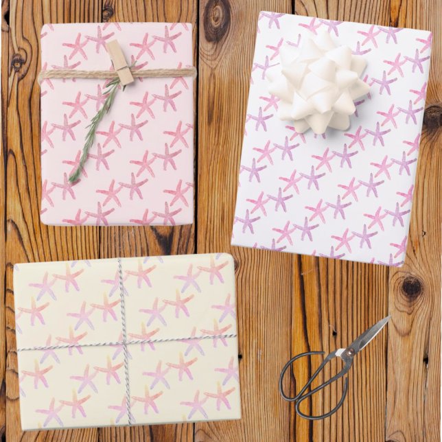 Feuille De Papier Cadeau Starfish Motif sur White Yellow Pink Pastels (3 sheet gift wrap with starfish pattern)