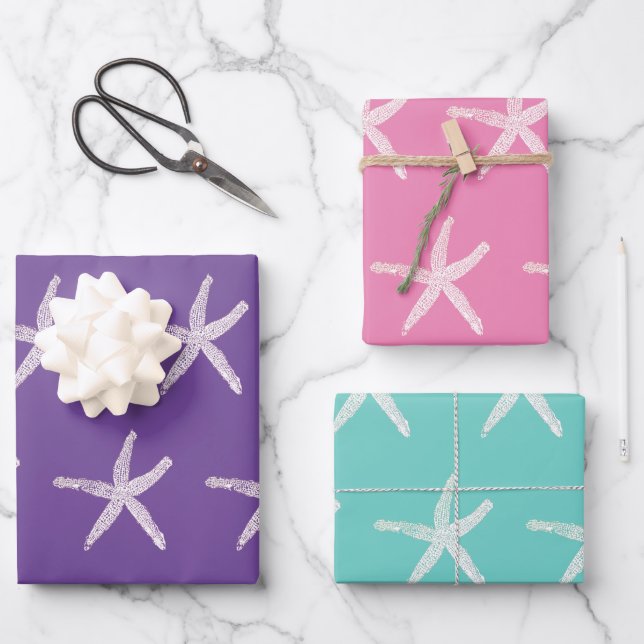 Feuille De Papier Cadeau Starfish Motifs violet rose Turquoise bleu marine (Recto)