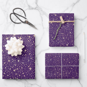 Feuille De Papier Cadeau Stars Night Sky Celestial violet et Motif or
