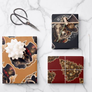Feuille De Papier Cadeau Steampunk Christmas Tree Wolf Raccoon 3 modèles
