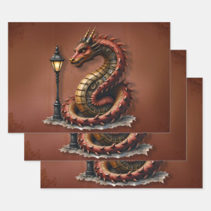 Feuille De Papier Cadeau Steampunk Dragon à côté d'un lampadaire vintage.