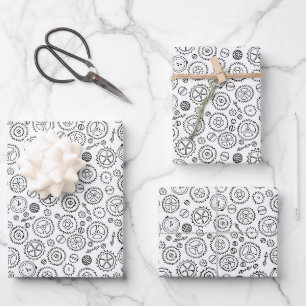 Feuille De Papier Cadeau Steampunk victorien dessin d'engrenages blancs et 
