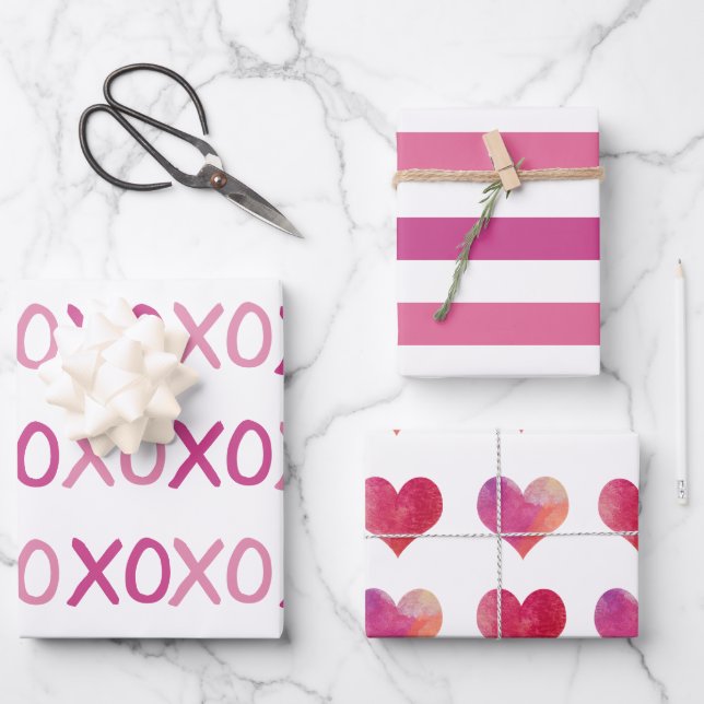 Feuille De Papier Cadeau Stripes XOXO rose et blanc moderne Saint Valentin (Recto)