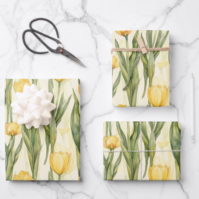 Feuille De Papier Cadeau Style Aquarelle Tulipes Jaunes Imprimé (Recto)