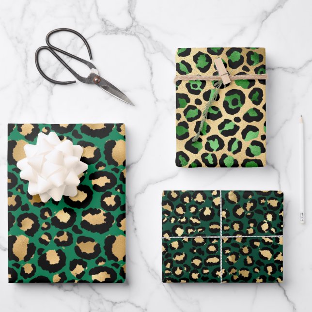 Feuille De Papier Cadeau Stylish Green & Gold Foil Leopard Spots Safari (Recto)