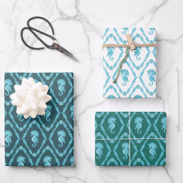 Feuille De Papier Cadeau Stylish Seahorse Blue Nautical Patterned (Recto)