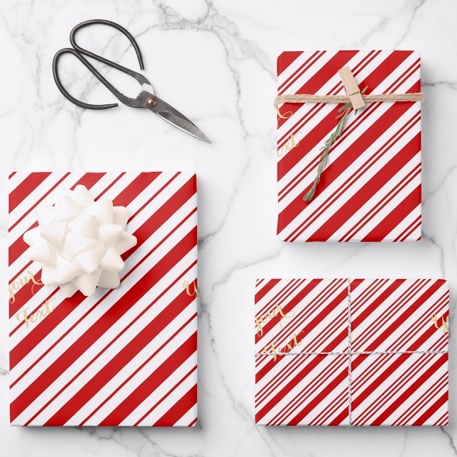 Feuille De Papier Cadeau Sucre de canne de Noël Red Stripes Gold Texte Vaca (Christmas Candy Cane Red Stripes Gold Text Holiday Wrapping Paper Sheets)