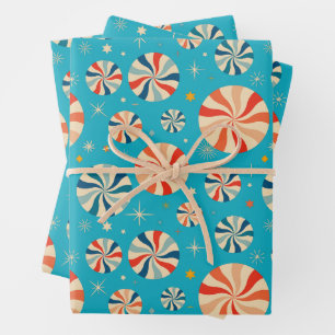 Feuille De Papier Cadeau Sucre de canne de Noël rétro bleu