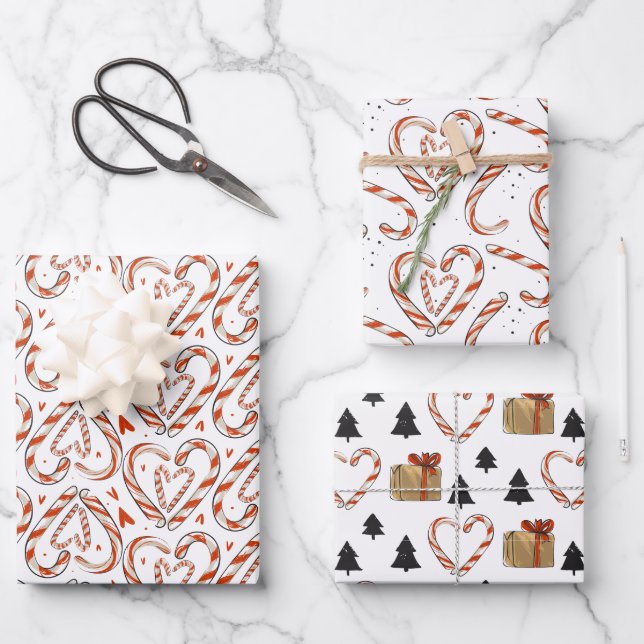 Feuille De Papier Cadeau Sucres de canne de Noël, Coeurs, Arbres & Cadeaux (Recto)