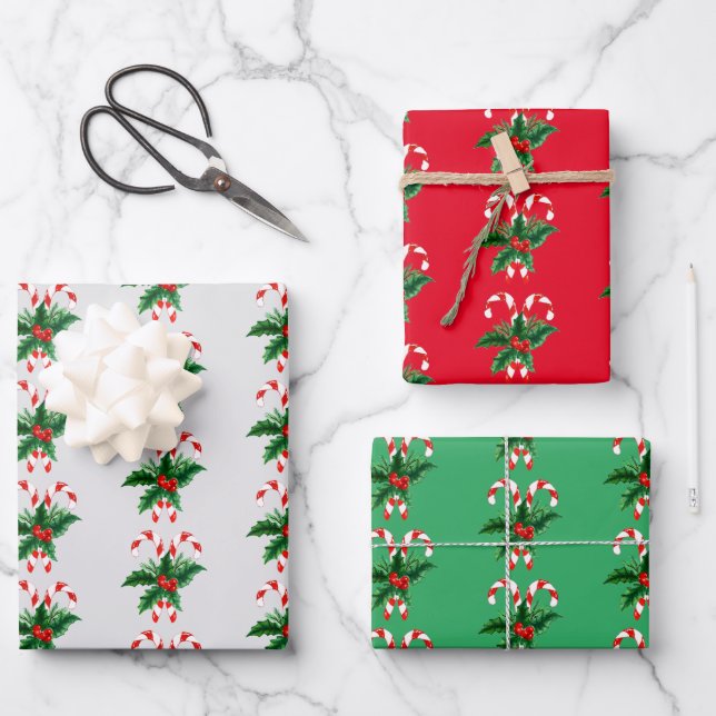 Feuille De Papier Cadeau Sucres de canne de Noël & Holly (Recto)