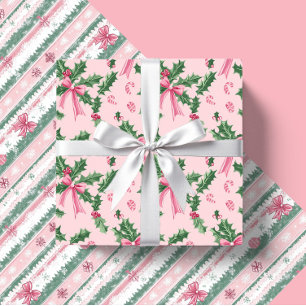 Feuille De Papier Cadeau Sucres de canne et vaches de Noël roses