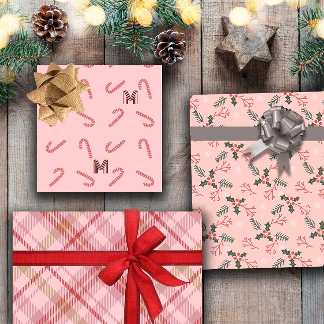 Feuille De Papier Cadeau Sucres de canne Mistletoe Plaid Personnalisé Monog (Créateur téléchargé)