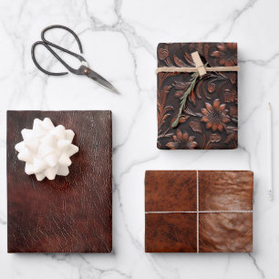 Feuille De Papier Cadeau Sud-Ouest Faux Brown Cuir Cachet Floral