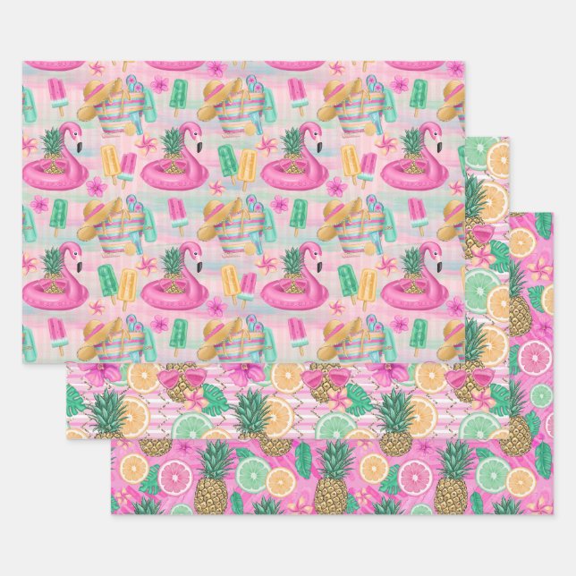 Feuille De Papier Cadeau Summer Beach Flamants roses roses Ananas Citrons (Lot)