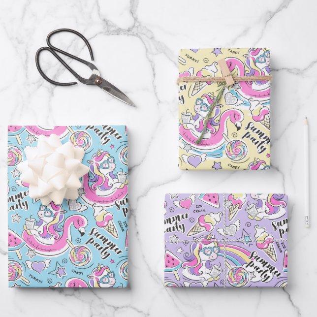 Feuille De Papier Cadeau Summer Pool Party Unicorn (Recto)