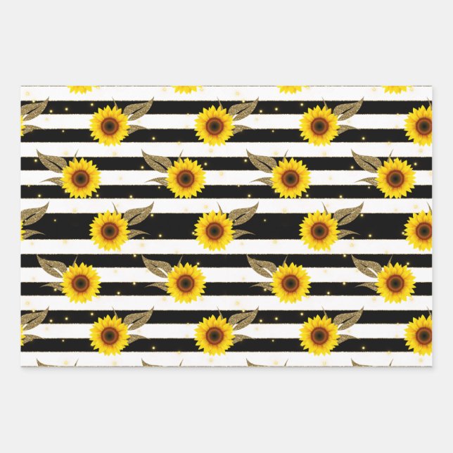 Feuille De Papier Cadeau Sunflowers with Black and White Horizontal Lines (Devant)