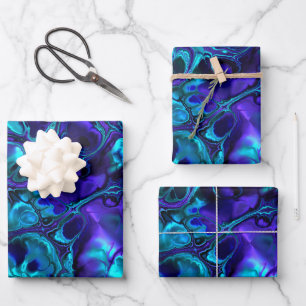 Feuille De Papier Cadeau Super Boho Vibrant Bleu Monochrome Marbre Fractal