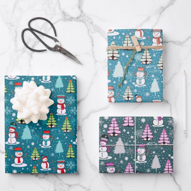 Feuille De Papier Cadeau Super mignonne bonhomme de neige et arbres de Noël (Recto)