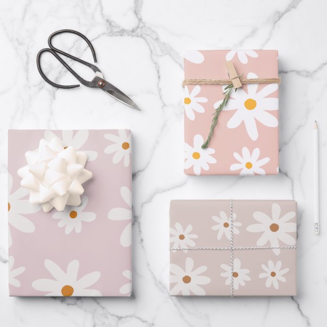 Feuille De Papier Cadeau Super Retro Rose Brown Daisy Floral (Recto)