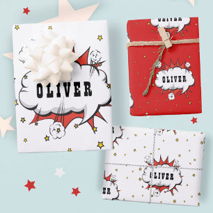 Feuille De Papier Cadeau Superhero Comic Speech Bubble Red Boy Name