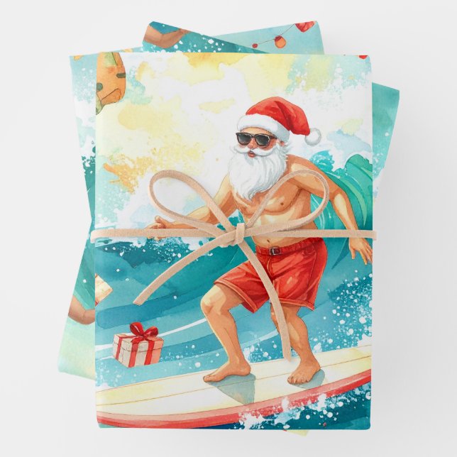 Feuille De Papier Cadeau Surfing Santa Claus  (En situation)