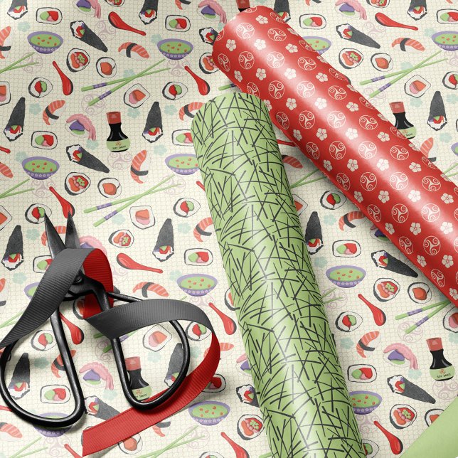 Feuille De Papier Cadeau Sushi, symboles japonais, baguettes (Créateur téléchargé)