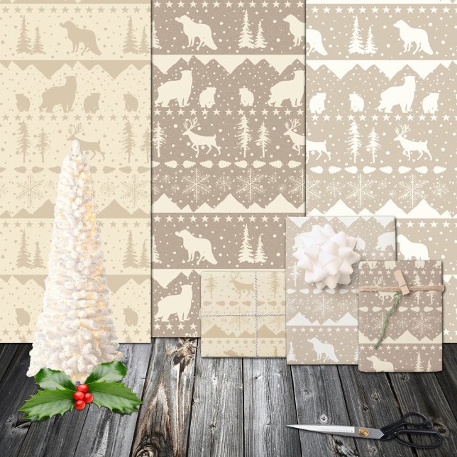 Feuille De Papier Cadeau Sweater nordique Neutral Kraft Beige Animaux d'hiv (Winter Spruce Pine Branch Cones Red Ilex Berries Gift Wrapping Paper Christmas Holiday Sheets Trio)