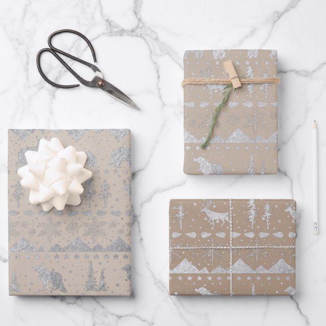 Feuille De Papier Cadeau Sweater nordique Rustique Kraft Silver Animaux d'h (Recto)