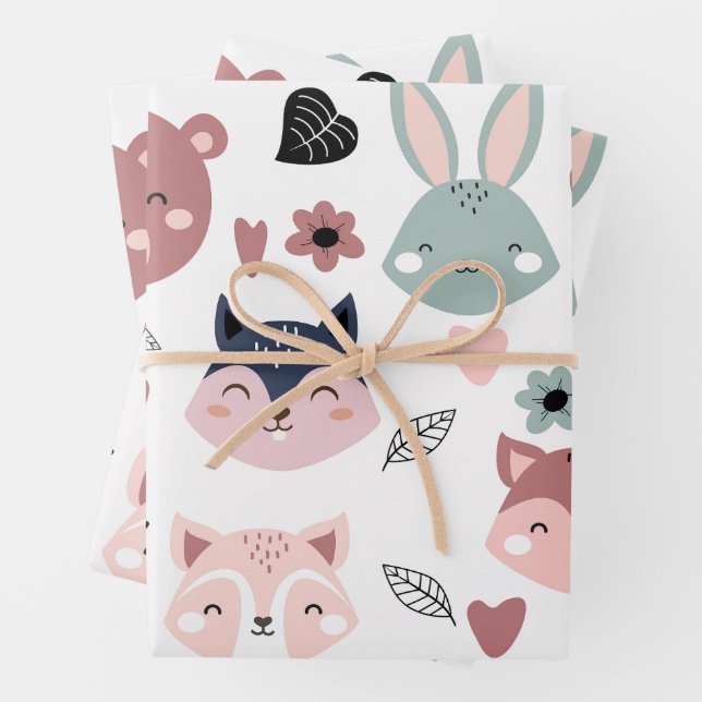 Feuille De Papier Cadeau Sweet Pink Bear Fox And Bunny Forest (En situation)