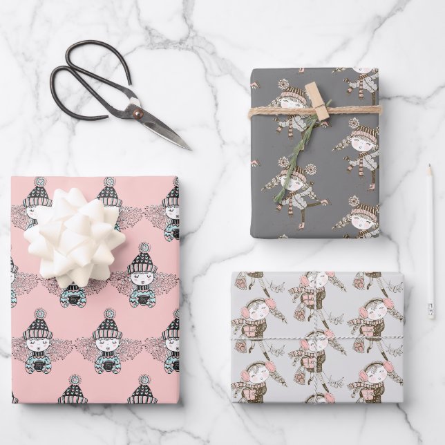 Feuille De Papier Cadeau Sweet Winter Girls Trio (Recto)