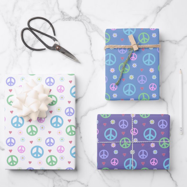 Feuille De Papier Cadeau Symbole de paix, Fleurs & Coeurs (Recto)