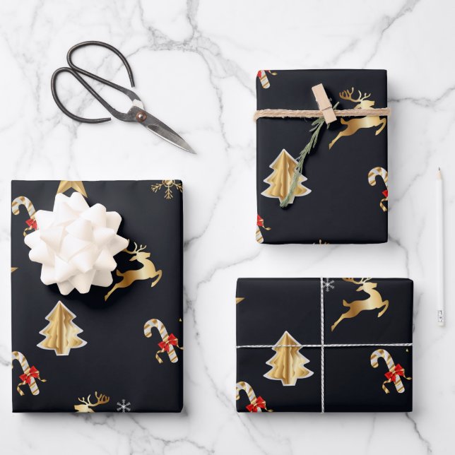 Feuille De Papier Cadeau Symboles De Noël Rouge Et Doré (Recto)