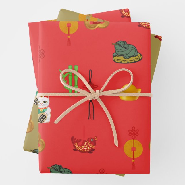Feuille De Papier Cadeau Symboles Fengshui Bonne Chance, Argent et Abondanc (En situation)