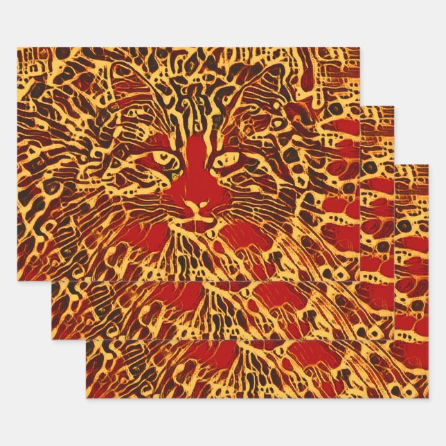 Feuille De Papier Cadeau Tabby Abstrait Tribal Chat Rouge Jaune Hippie Art (Lot)
