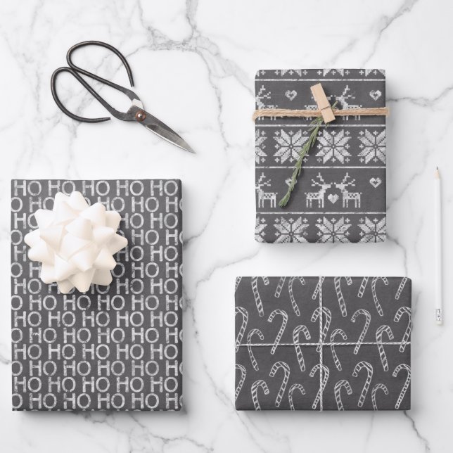 Feuille De Papier Cadeau Tableau noir et blanc rustique Noël (Recto)