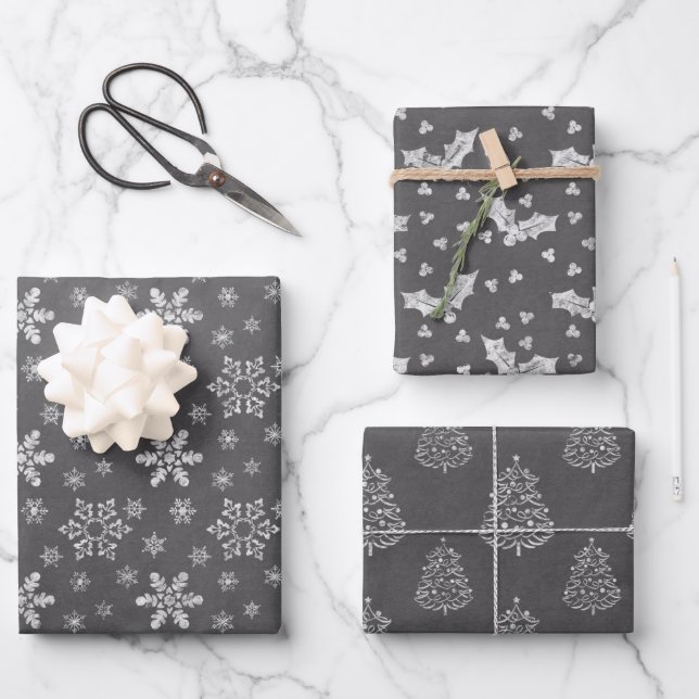 Feuille De Papier Cadeau Tableau noir et blanc rustique Wrappi de Noël (Recto)