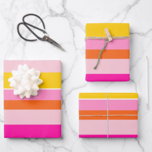 Feuille De Papier Cadeau Tailles horizontales rose orange jaune rayé