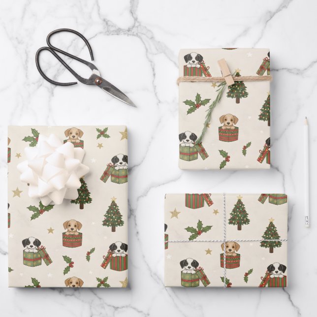 Feuille De Papier Cadeau Tan and Black & White Puppies Christmas Pattern (Recto)